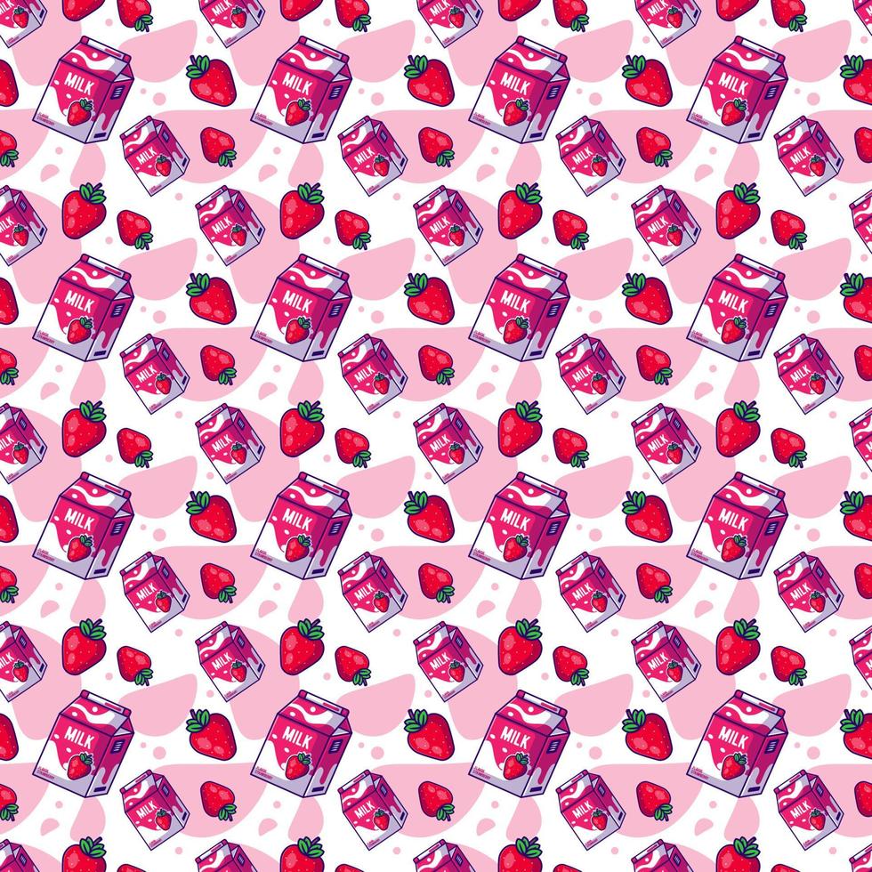 sömlösa mönster söt tecknad jordgubbe med mjölk vektor
