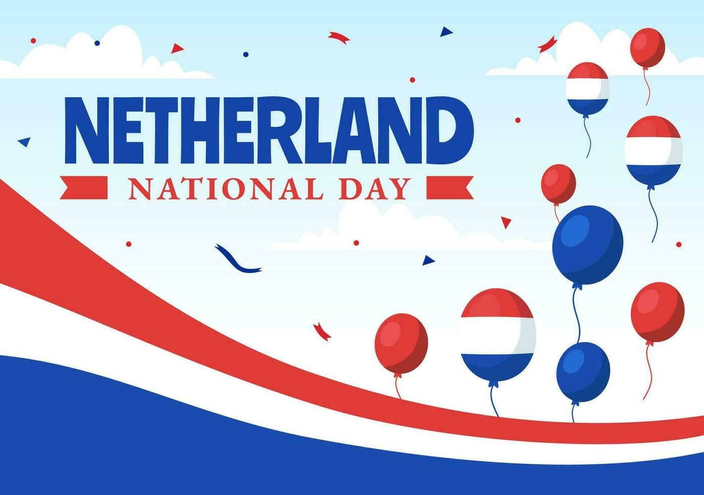 glücklich Niederlande National Tag Vektor Illustration mit Niederlande Flagge und Himmel Blau Hintergrund im eben Karikatur Design