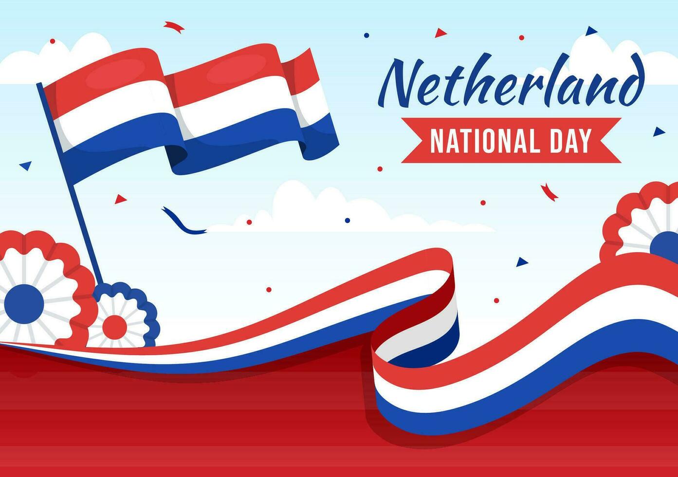 glücklich Niederlande National Tag Vektor Illustration mit Niederlande Flagge und Himmel Blau Hintergrund im eben Karikatur Design