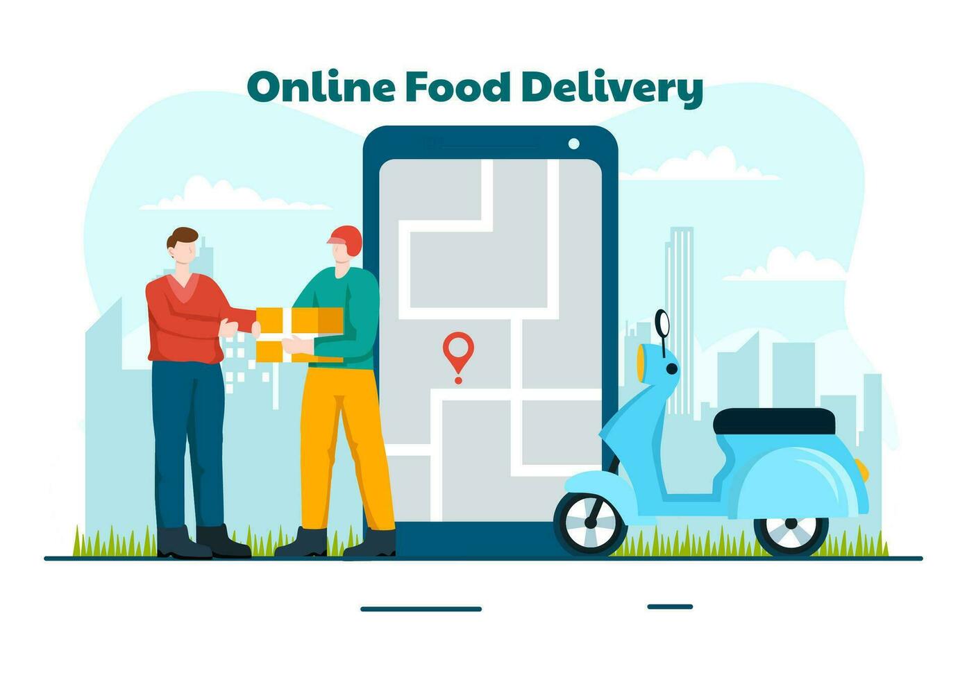 online Essen Lieferung Vektor Illustration mit bestellen Essen auf das Telefon und es werden Sein geliefert gemäß zu das Ziel im eben Karikatur Hintergrund