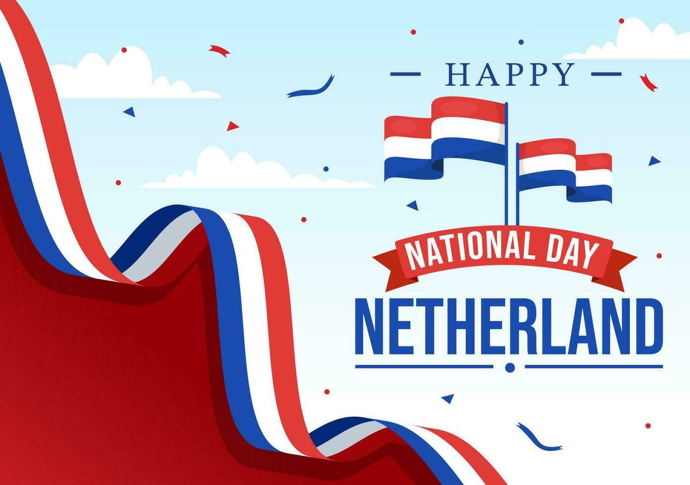Lycklig Nederländerna nationell dag vektor illustration med nederländerna flagga och himmel blå bakgrund i platt tecknad serie design