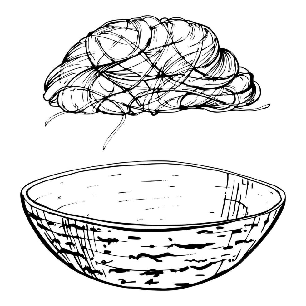 hand dragen vektor bläck illustration. lång pasta italiensk kök spaghetti vermiceller spaghetti i skål. enda objekt element isolerat på vit. för restaurang, meny, mat affär och paket, flygblad, skriva ut.