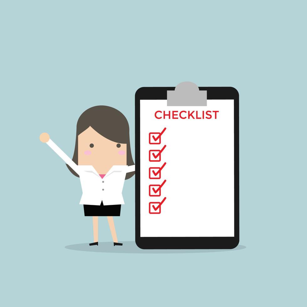 affärskvinna som fyller i en checklista som kryssar i alla rutor. vektor