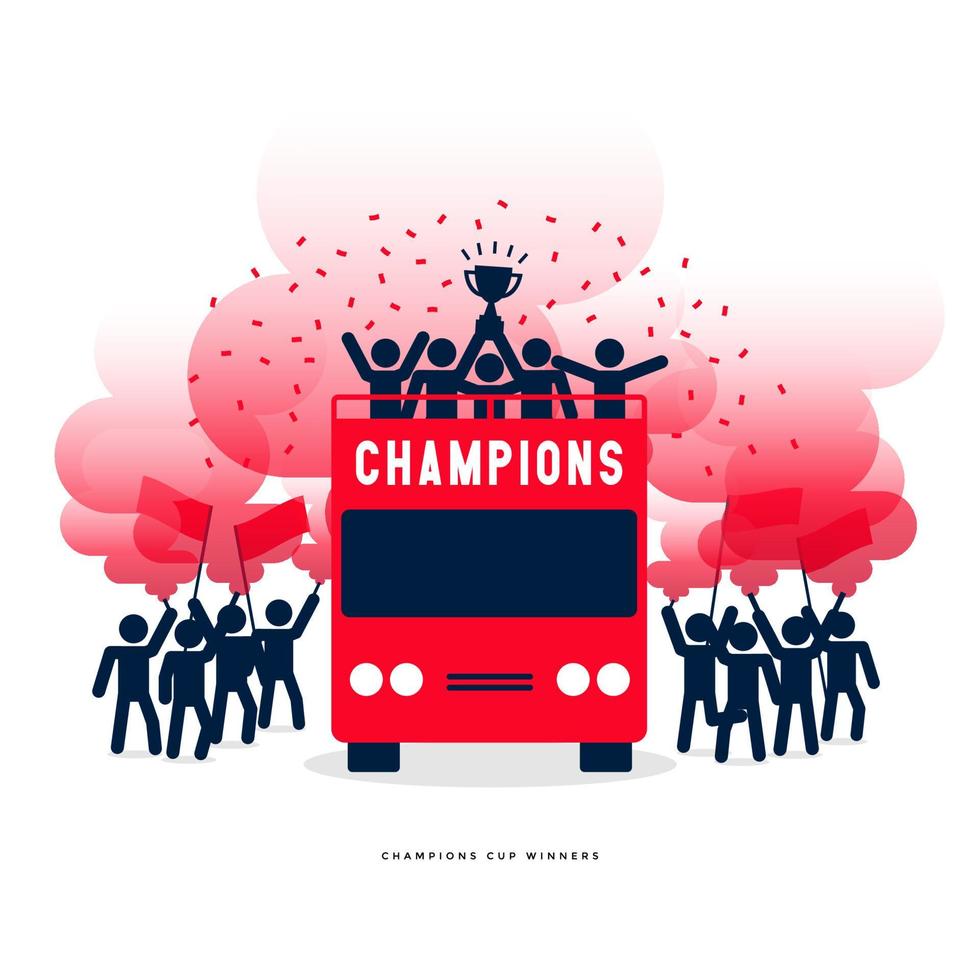 Strichmännchen der Siegerpokal- oder Fußballmeisterfeier auf den offenen Bussen mit roter Rauchfackel. vektor