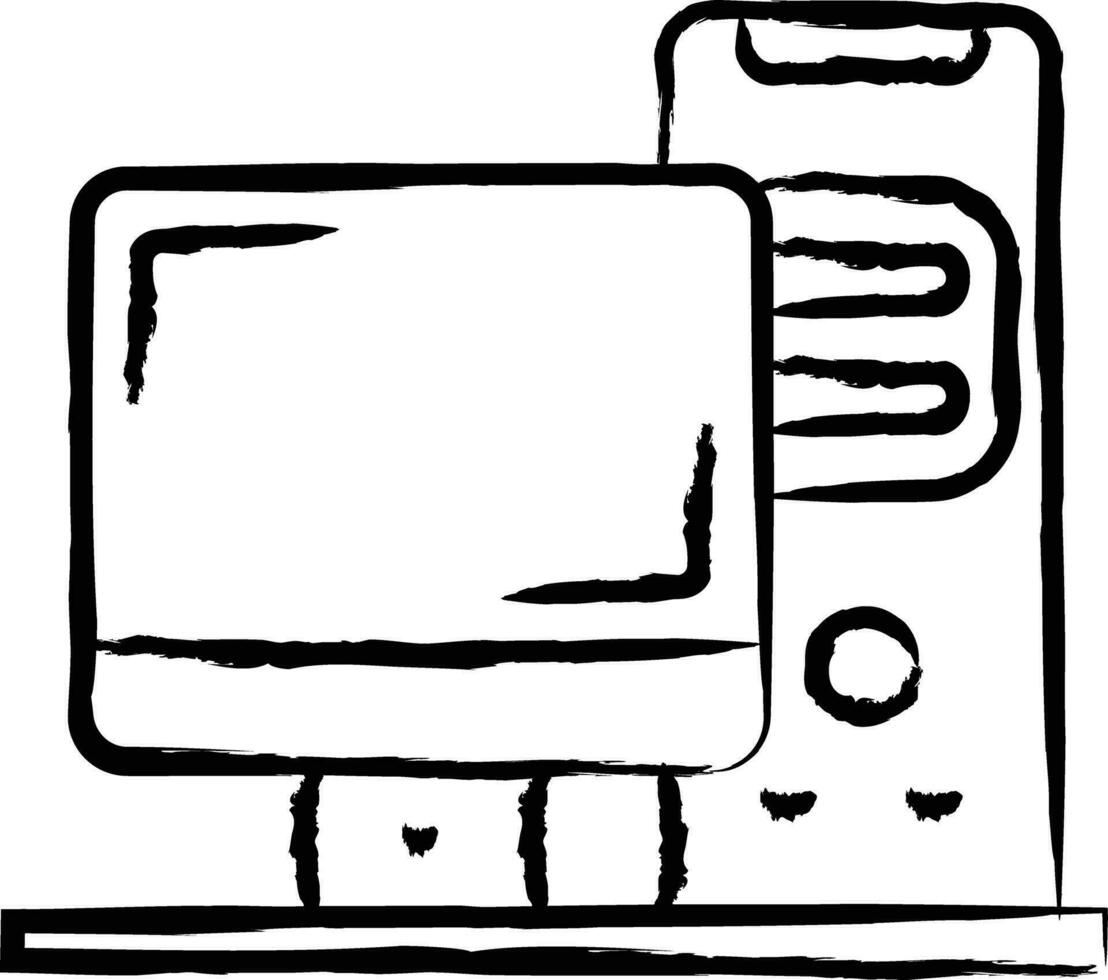 skrivbordet dator hand dragen vektor illustration