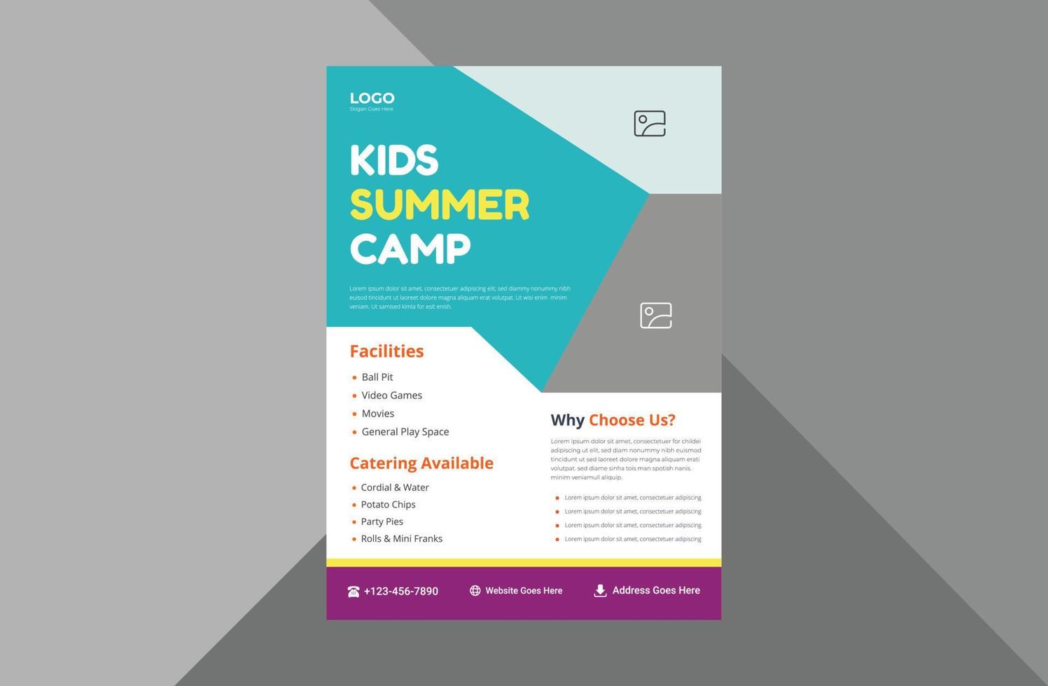 happy kids camp flyer mall. barn sommarläger affisch broschyr design. a4-mall, broschyrdesign, omslag, flygblad, affisch, tryckklar vektor