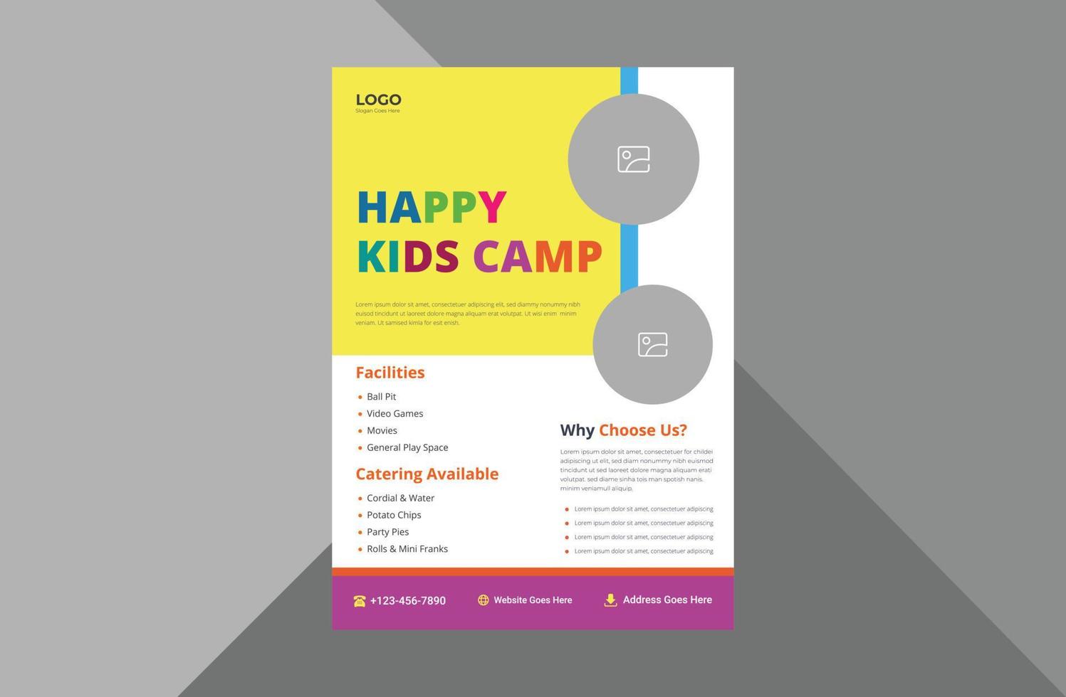 Happy Kids Camp Flyer Vorlage. Kinder-Sommercamp-Plakat-Broschüre-Design. A4-Vorlage, Broschürendesign, Cover, Flyer, Poster, druckfertig vektor