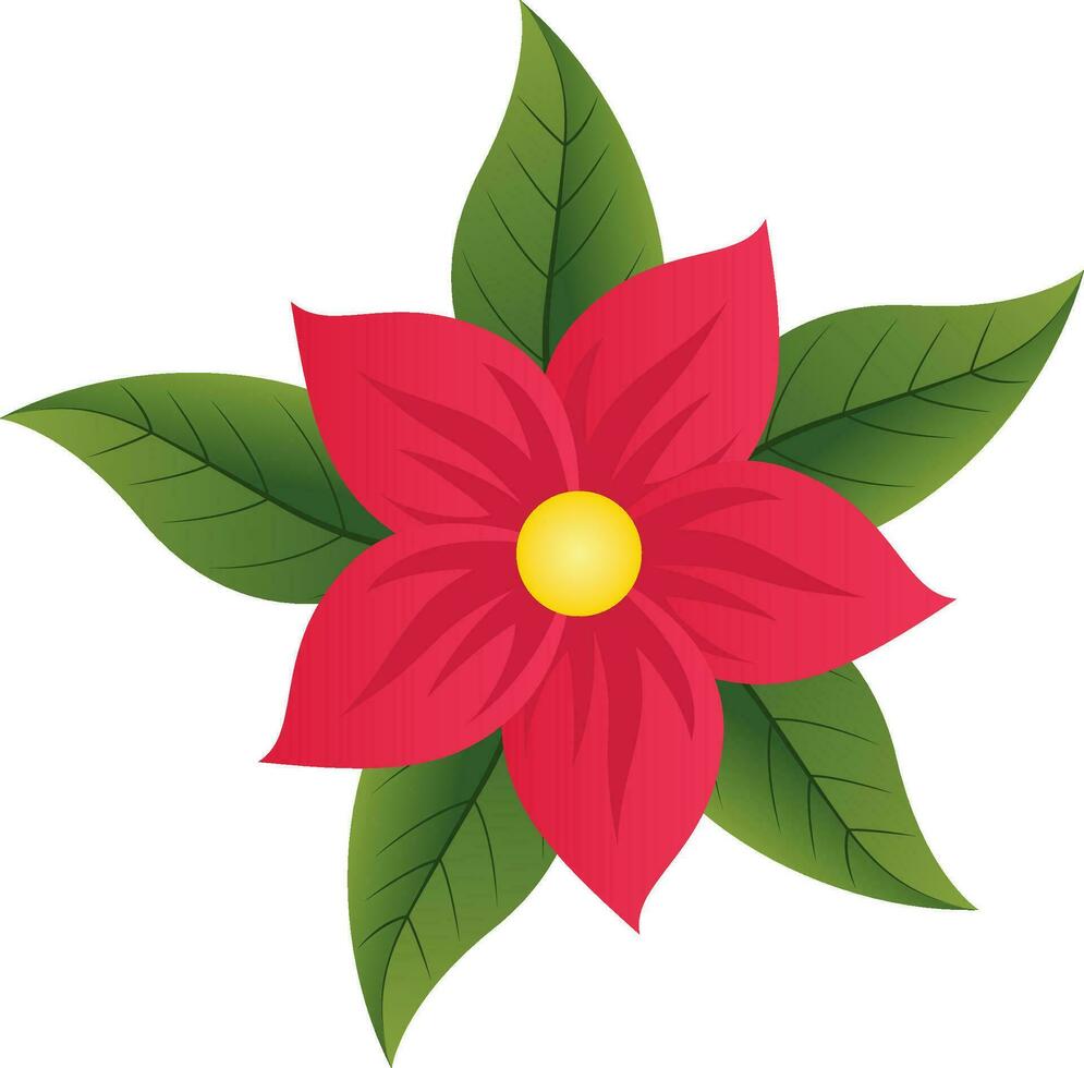 röd blomma, julstjärna blomma med löv ikon i röd och grön färg, jul dekorativ leafs med röd blomma vektor