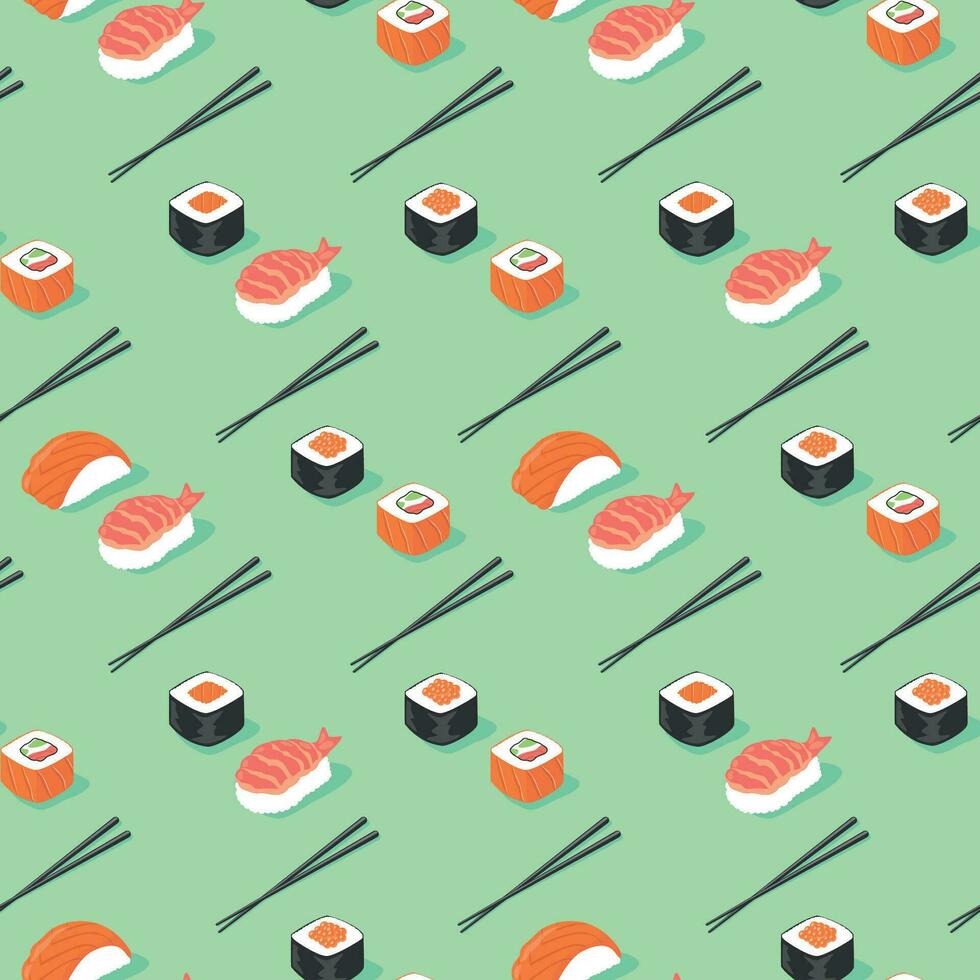 mängd av platt japansk sushi med matpinne sömlös mönster i grön bakgrund. vektor