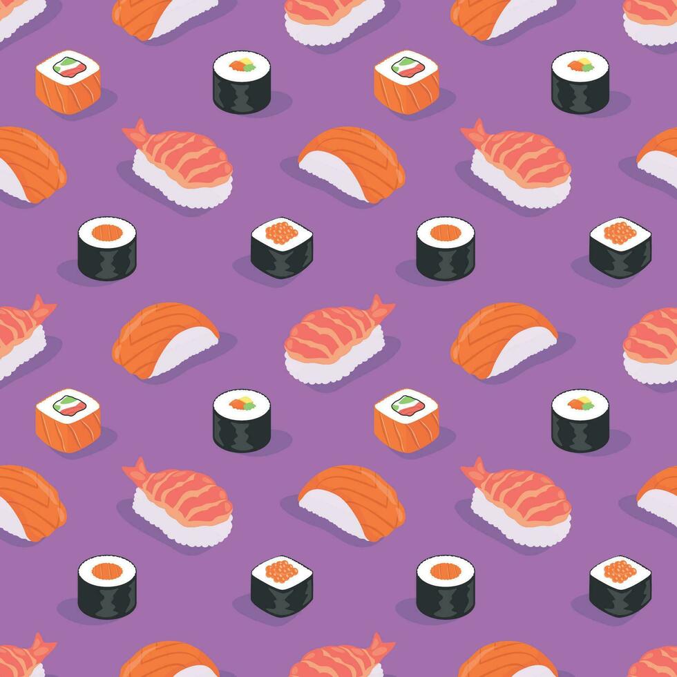 mängd av platt japansk sushi sömlös mönster i lila bakgrund. vektor