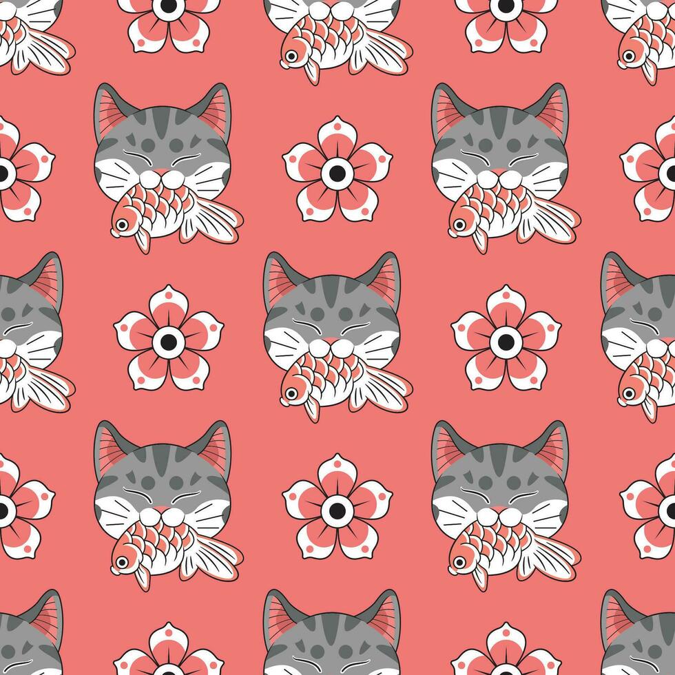 japansk stil grå katt är bitande en koi fisk med blommor i röd bakgrund sömlös mönster. vektor