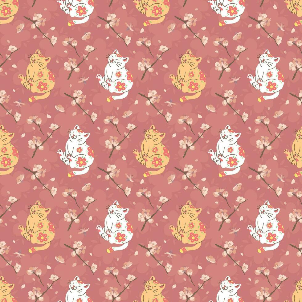 japanisch Stil Weiß und Orange Katze mit Sakura Blumen im braun Hintergrund nahtlos Muster Design. vektor