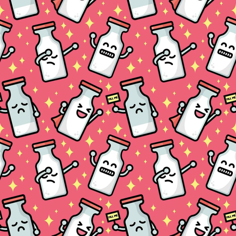 süß Milch im das Flasche ist zeigen anders Ausdruck Karikatur Muster Design. vektor