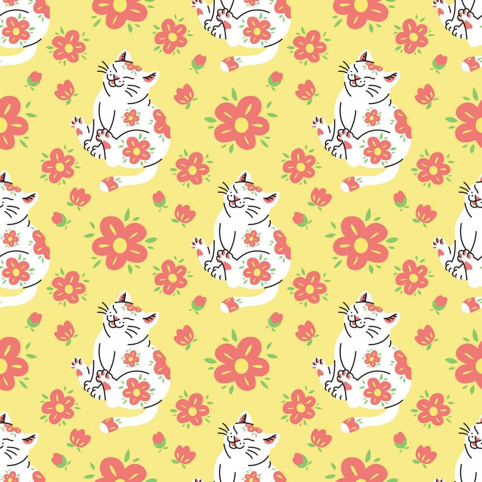 süß Weiß Katze mit rot Blumen im Gelb Hintergrund nahtlos Muster Design. vektor