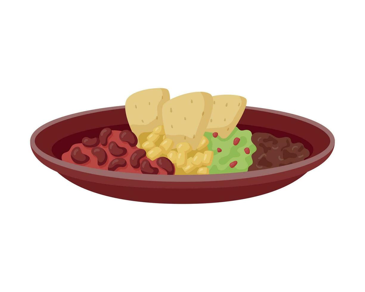 vektor illustration av en maträtt med mexikansk mat, bönor, majs, guacamole och nachos isolerat på vit.