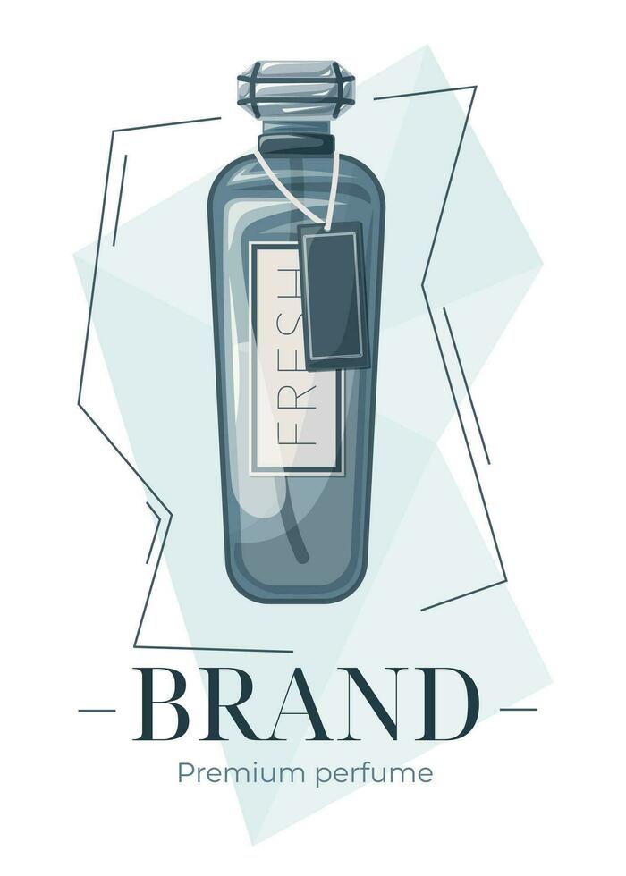 modisch Vektor Werbung Banner Vorlage. elegant Blau Karikatur Frauen Parfüm Flasche, Verpackung oder Flyer Design.