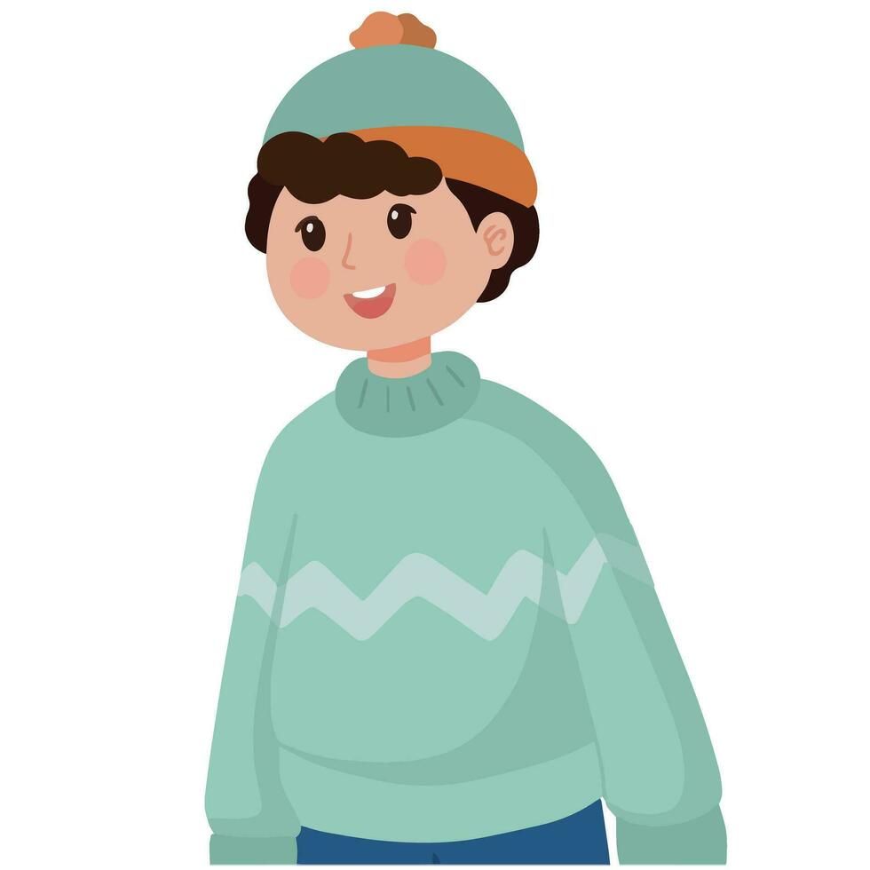 liten pojke bär Tröja och mössa i vinter- säsong illustration vektor