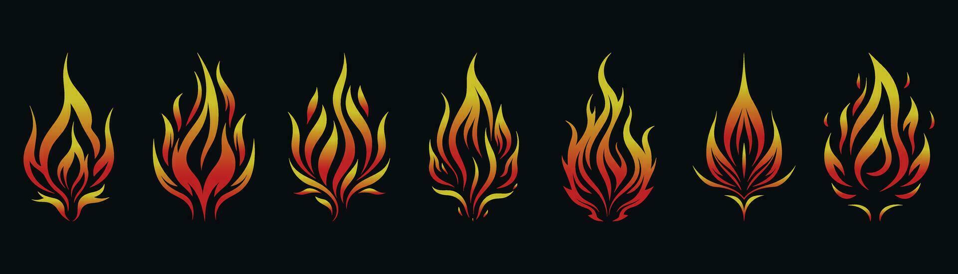 brand flamma uppsättning med röd och orange Färg. samling av varm flammande element. aning av energi och kraft. brand logotyp begrepp vektor illustration design