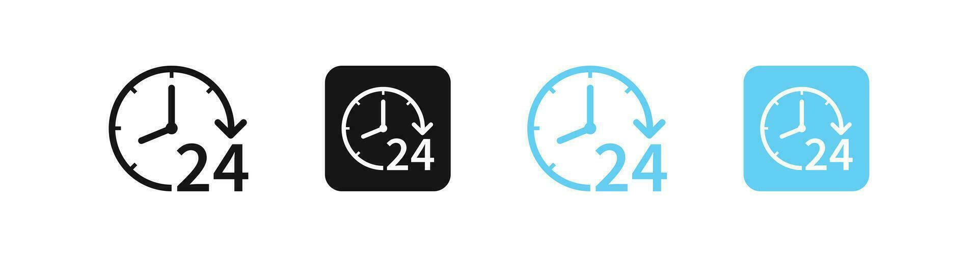 24 timmar klocka ikon. arbete tid symbol. leverans tecken. service symboler. Stöd, företag ikoner. affär öppna. svart, blå Färg. vektor tecken.