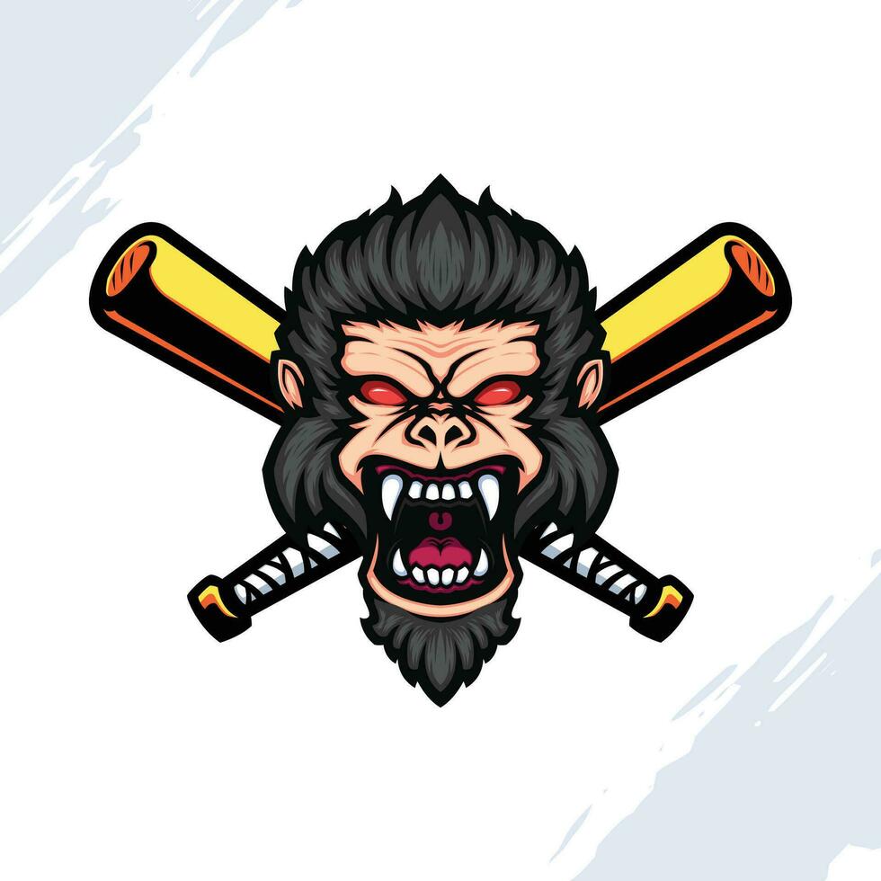 Illustration von ein schreiend Gorilla Kopf mit ein wütend Gesicht mit zwei gekreuzt golden Baseball Fledermäuse vektor