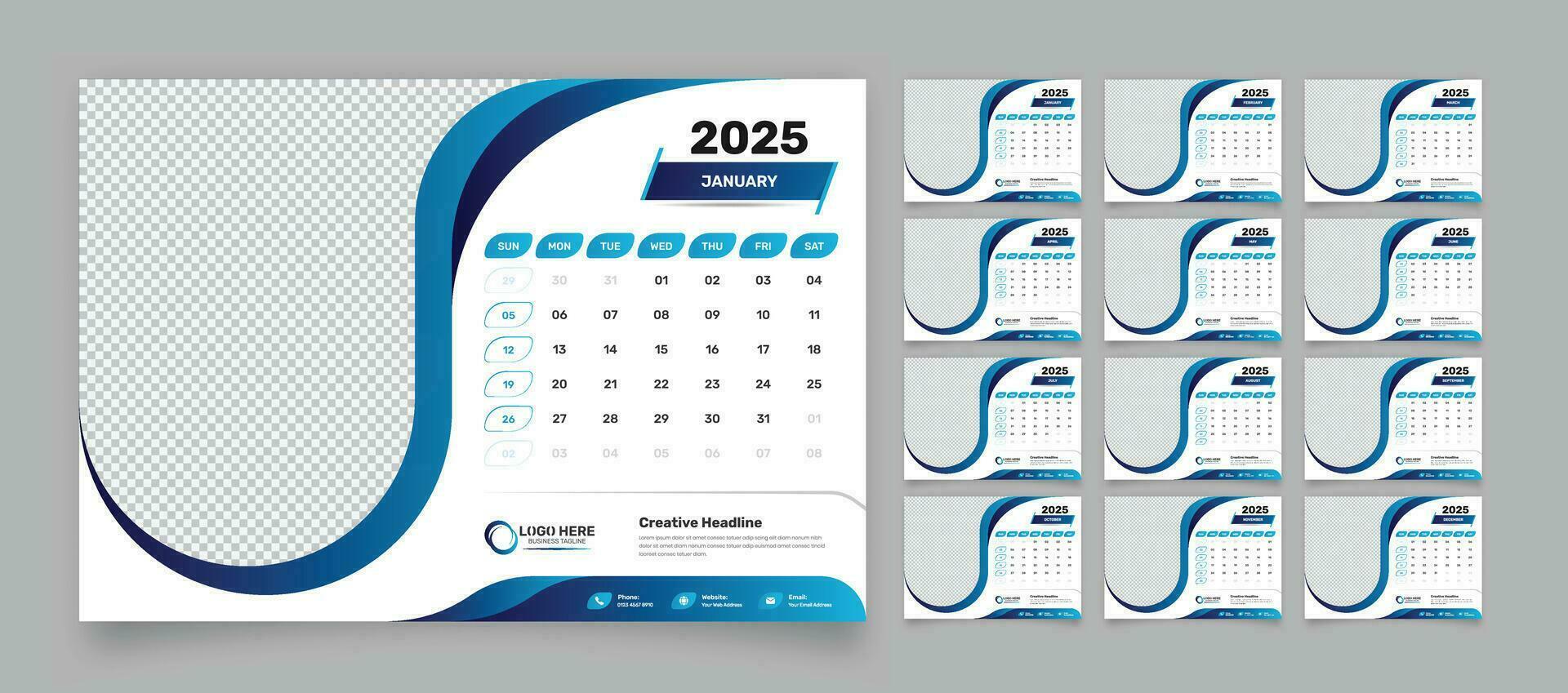 minimalistisk mörk blå skrivbord schema mall uppsättning för 2025 med exakt datum formatera och abstrakt former vektor
