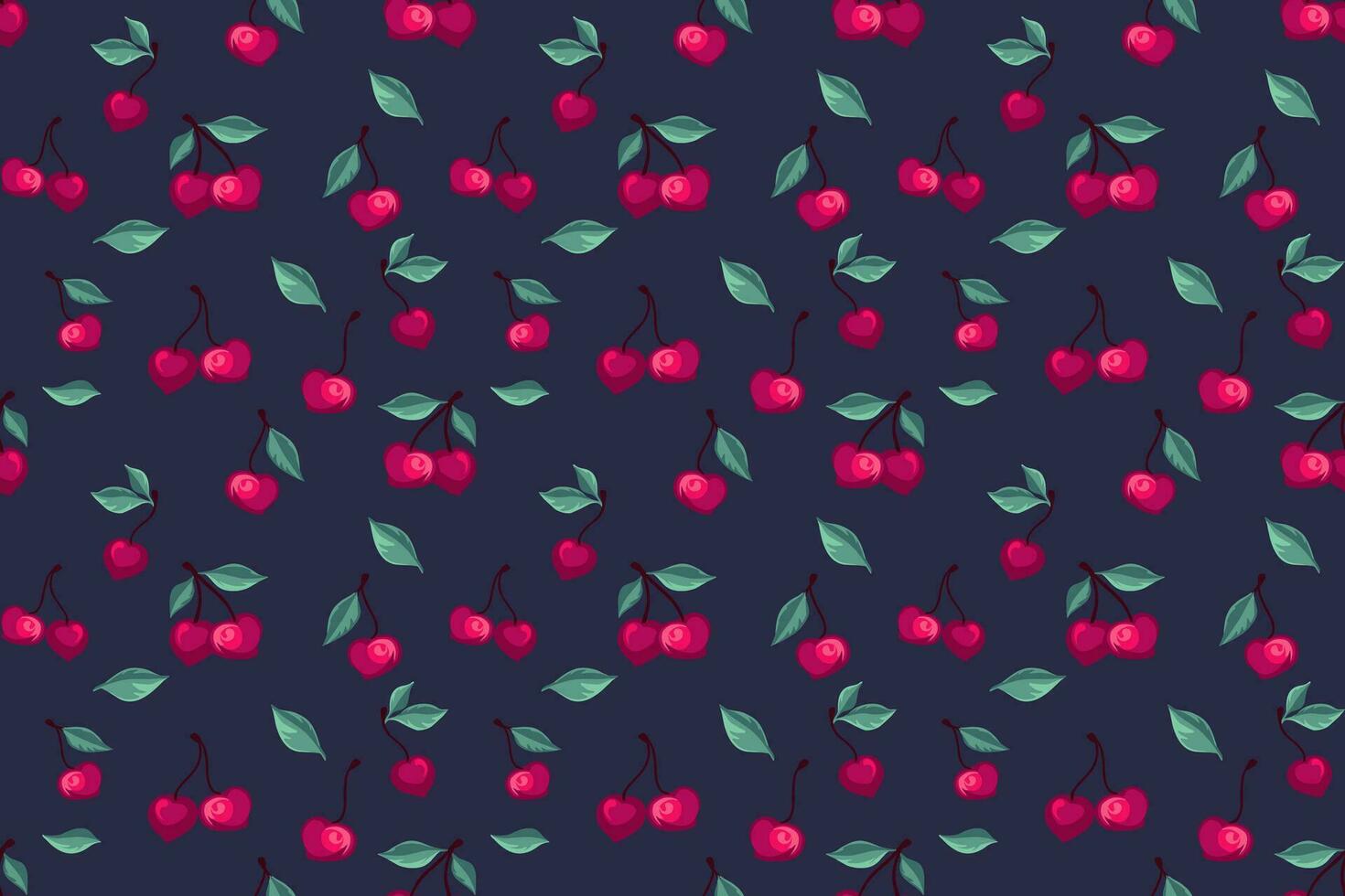 sömlös kreativ söt körsbär mönster på en mörk blå bakgrund. sommar bär, frukter, löv, bakgrund skriva ut. vektor hand dragen frukt illustration. design för mode, tyg, tapet.