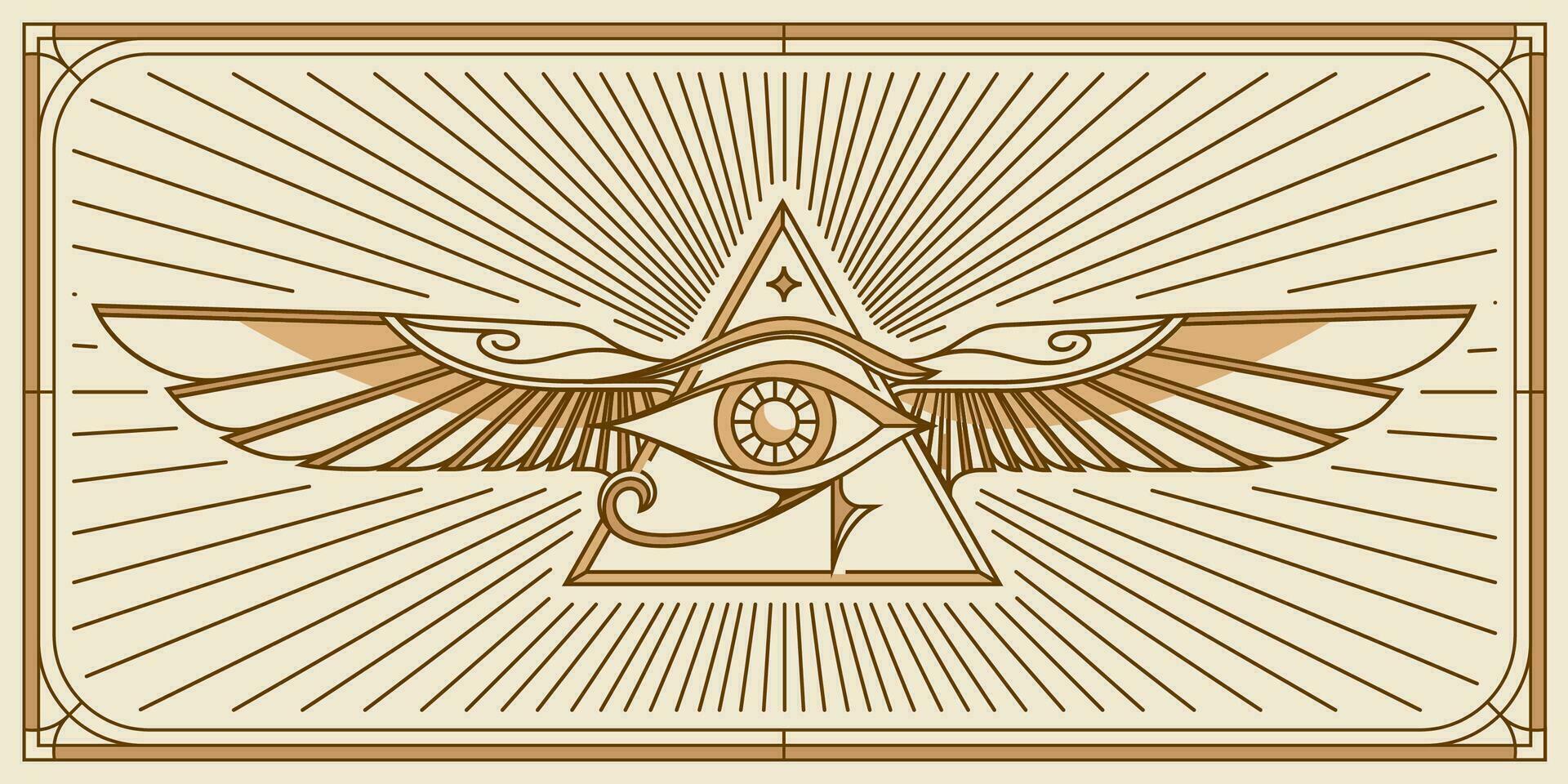 öga av horus med helig scarab vingar design. Allt seende öga av Gud i helig geometri triangel med fågel vingar av falk eller ängel, murverk och illuminati symbol, vektor logotyp eller emblem design