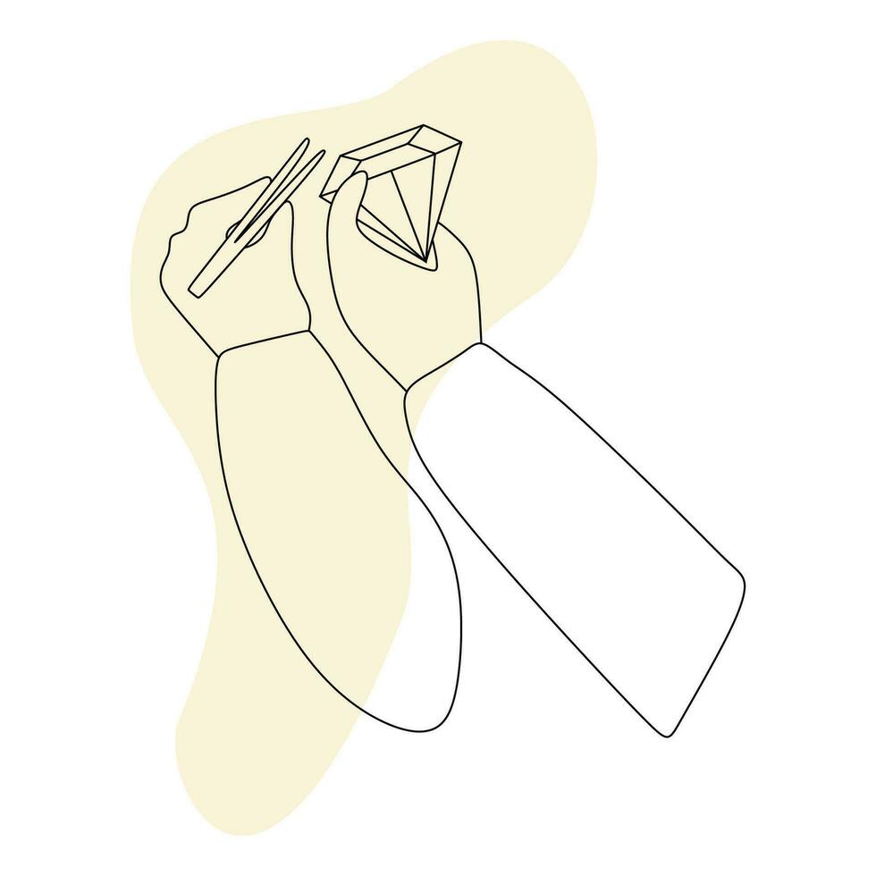 konst linje teckning av hand innehav lysande, diamant och pincett på gul fläck. kan Begagnade för logotyp, emblem, glida visa och baner. vektor isolerat illustration. Smycken framställning begrepp, hantverk, handgjort