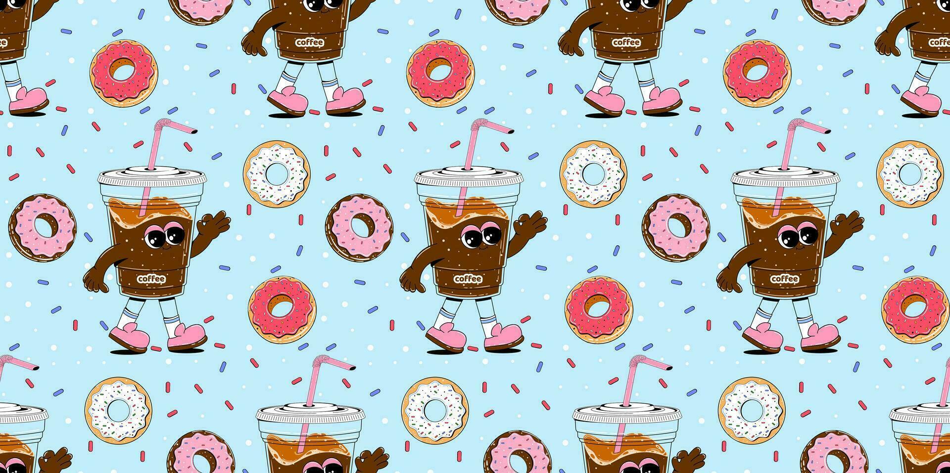 bunt Muster mit Kaffee und Donuts Charakter im retro Karikatur Stil. Vektor nahtlos Hintergrund im abstrakt Stil mit Süßigkeiten zum Cafés, Restaurants, Menüs.