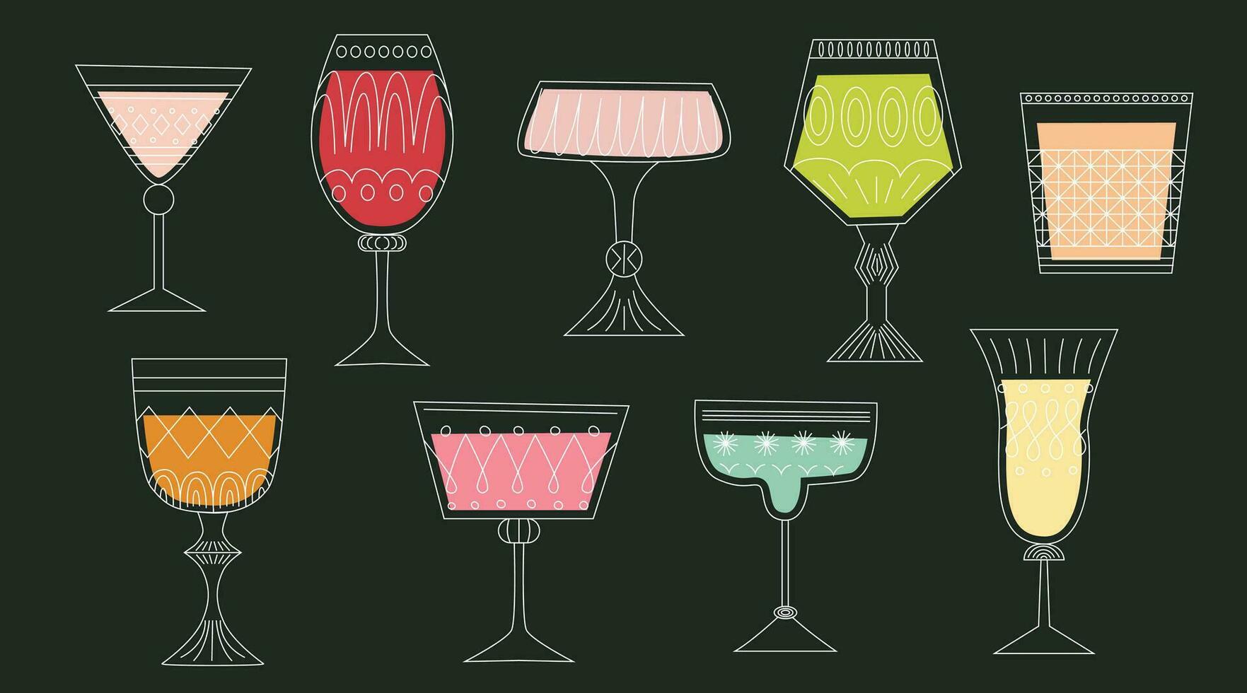 uppsättning av alkoholhaltig cocktails i glasögon av annorlunda former. drycker i annorlunda typer av årgång glasögon. linje konst vektor illustration. tecknad serie retro stil