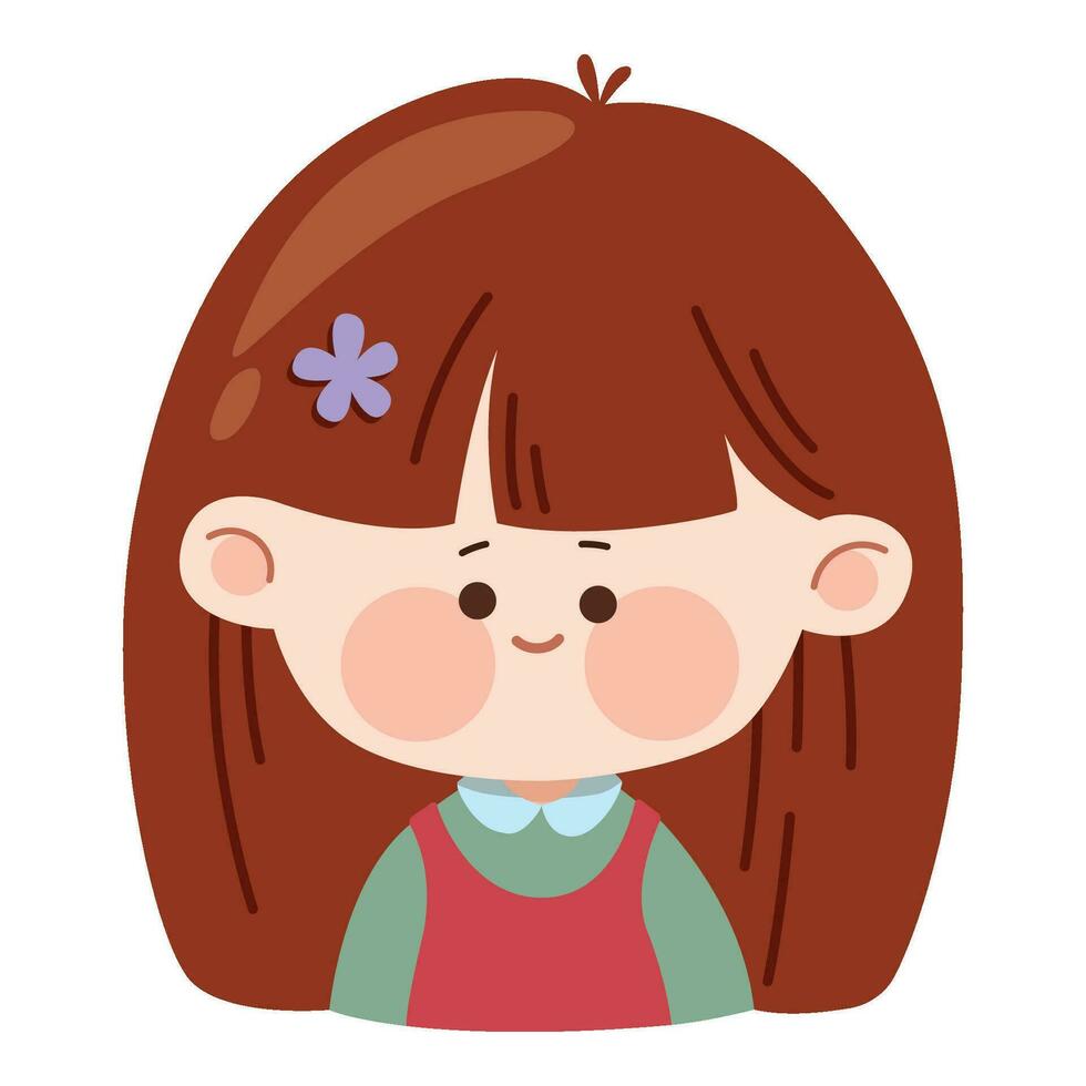 süß wenig glücklich Mädchen Benutzerbild. Porträt von ein Smiley Kind Mädchen. Benutzerbild Gesicht von ein Schulmädchen. Vektor Kinder- Kopf Illustration isoliert auf ein Weiß Hintergrund. Karikatur Charakter.