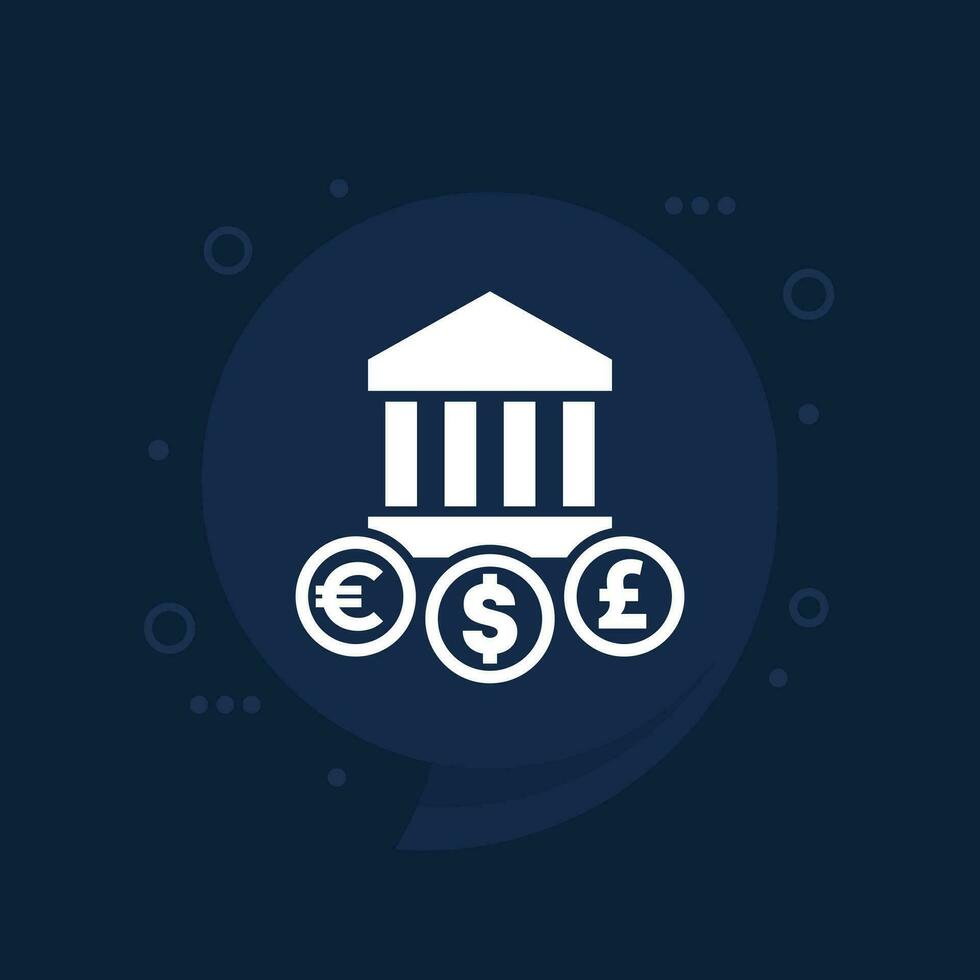 Bank byggnad ikon med euro, dollar och pund tecken vektor
