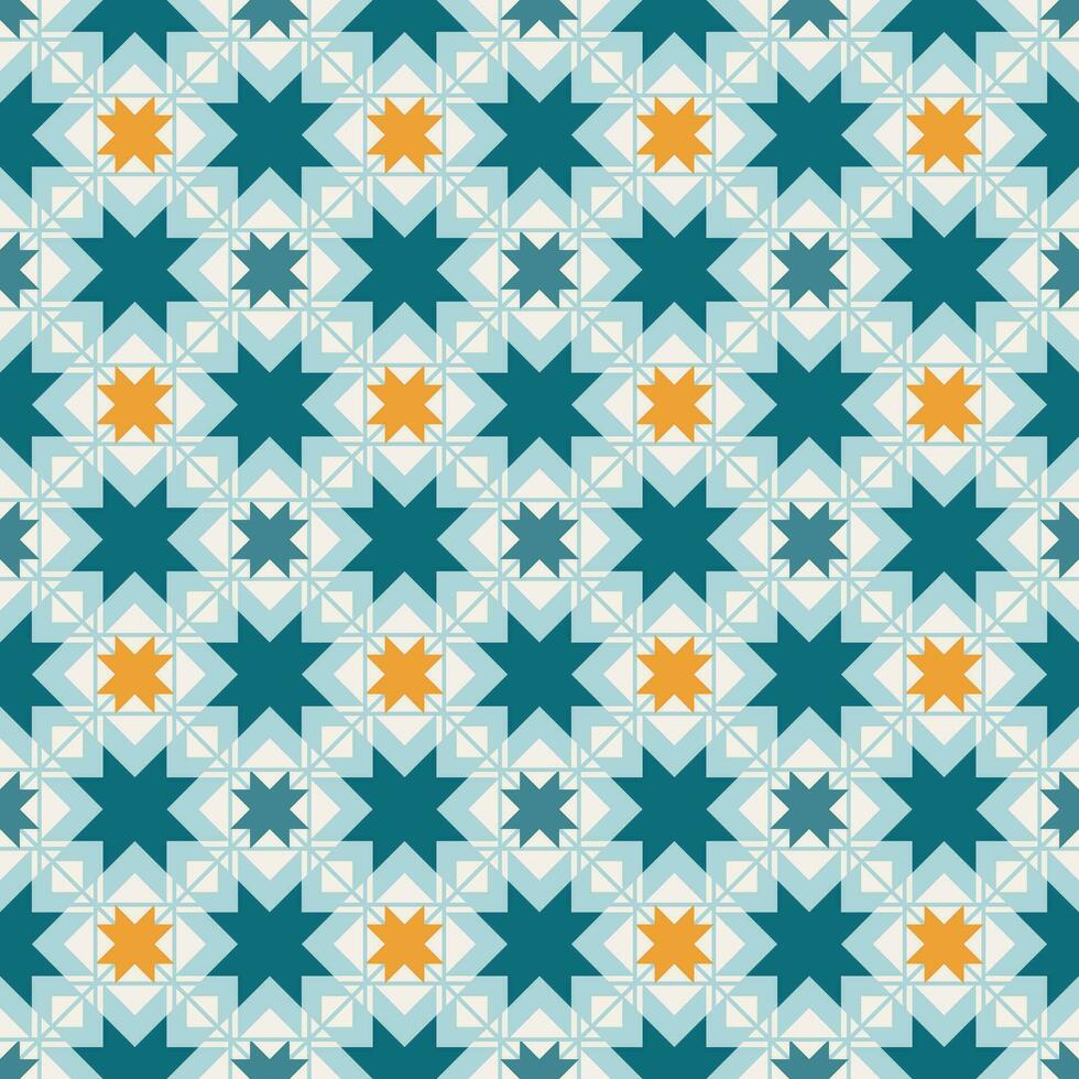 Arabisch geometrisch Mosaik druckbar nahtlos Muster mit abstrakt marokkanisch drucken im Blau und Orange Farben. Ramadan kareem traditionell islamisch Kunst Illustration Hintergrund vektor