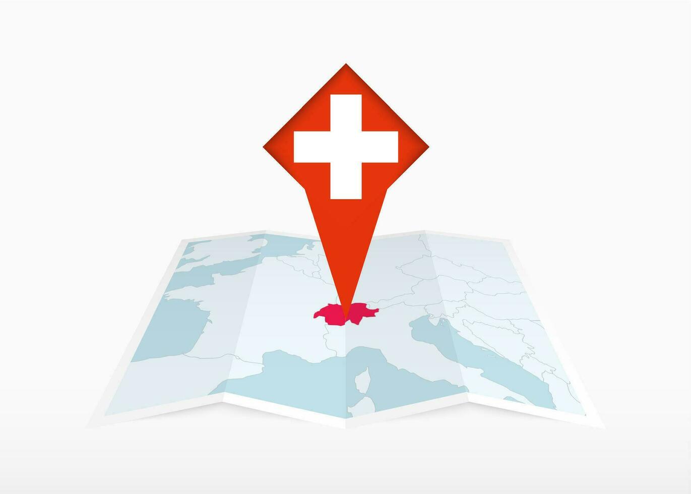 schweiz är avbildad på en vikta papper Karta och fästs plats markör med flagga av schweiz. vektor