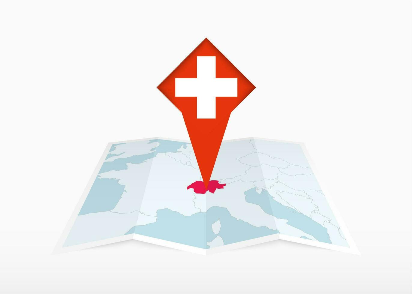 Schweiz ist abgebildet auf ein gefaltet Papier Karte und festgesteckt Ort Marker mit Flagge von Schweiz. vektor