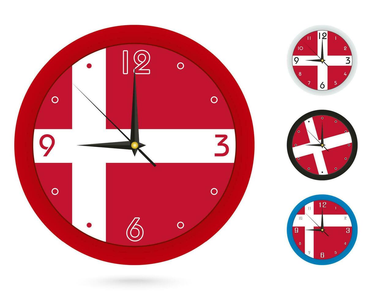 Mauer Uhr Design mit National Flagge von Dänemark. vier anders Design. vektor