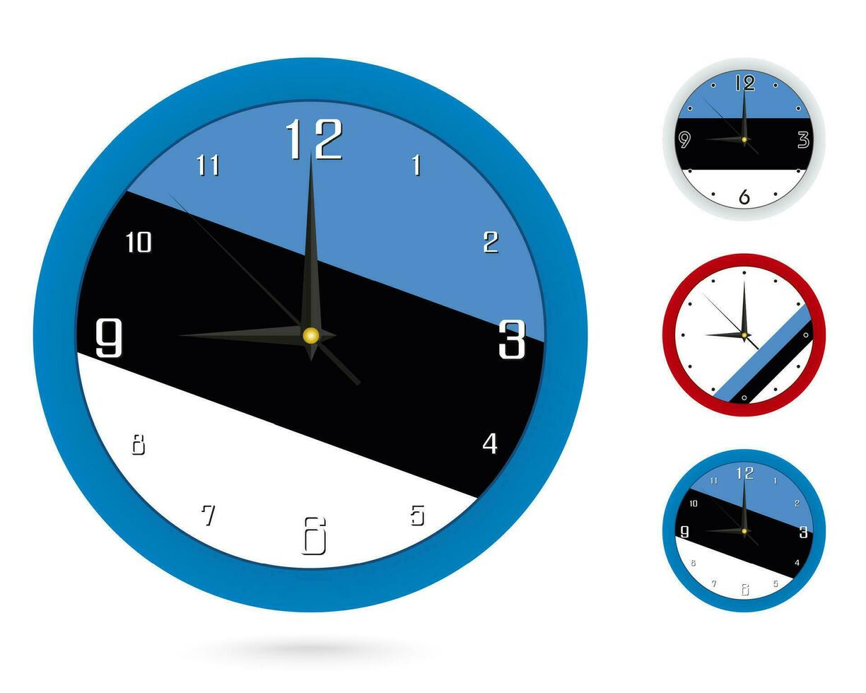 Mauer Uhr Design mit National Flagge von Estland. vier anders Design. vektor