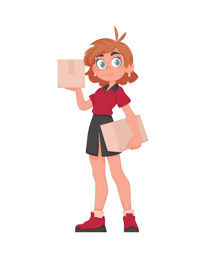 lächelnd Lieferung Frau im rot Uniform halten ein Papier Kasten. süß Mädchen liefern Waren im Vektor Karikatur Stil.