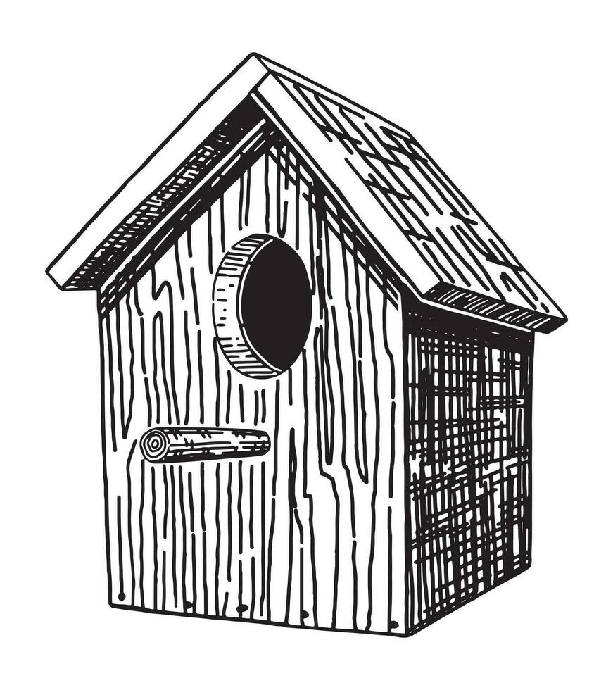 trä- fågel hus översikt ClipArt. vår tid klotter. vektor illustration i gravyr stil isolerat på vit.