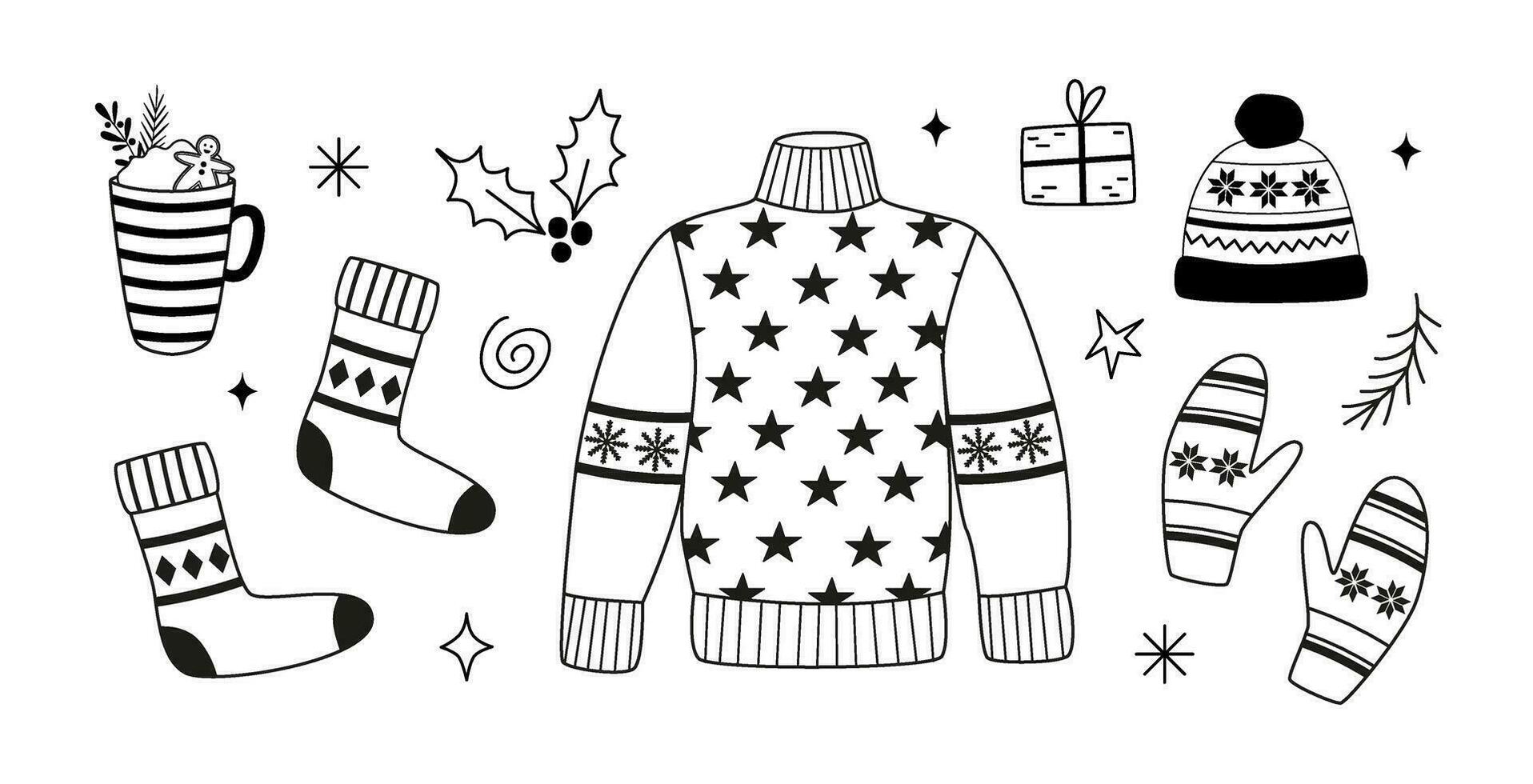 Winter Basic Kleidung - - linear Clip Art. Pullover, Socken, Fäustlinge, Hut. Gliederung Kritzeleien, Symbole, skizzieren. Weihnachten Feiertage. Färbung Buch. vektor