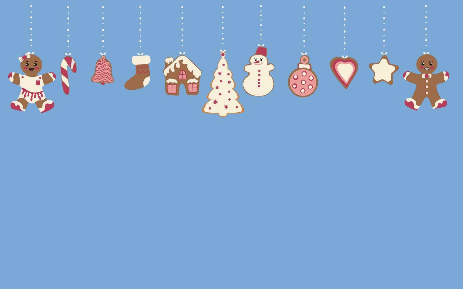 eine fröhliche Weihnachtskarte. Lebkuchenplätzchen in Form eines Schneemanns, eines Weihnachtsbaums und Lebkuchenmänner sowie verschiedene Weihnachtsbaumspielzeuge. feiern neujahr und weihnachten vektor