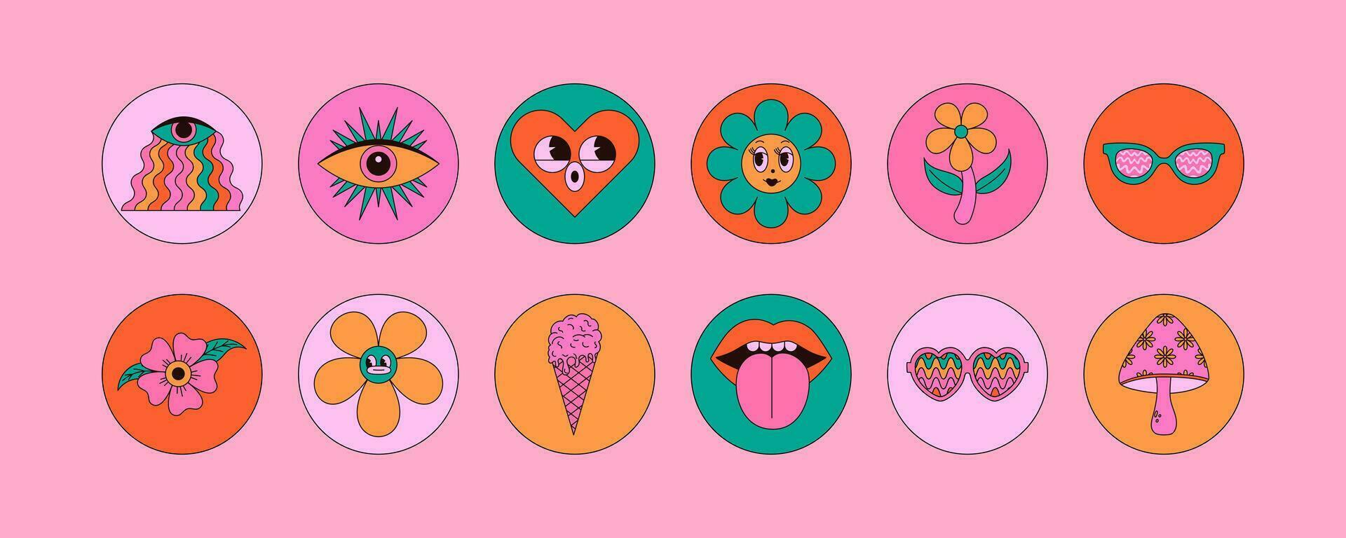 uppsättning av psychedelic cirkel klistermärken med häftig element. svamp, hjärta, blomma, mun, ögon, solglasögon och Mer. årgång vektor illustrationer.