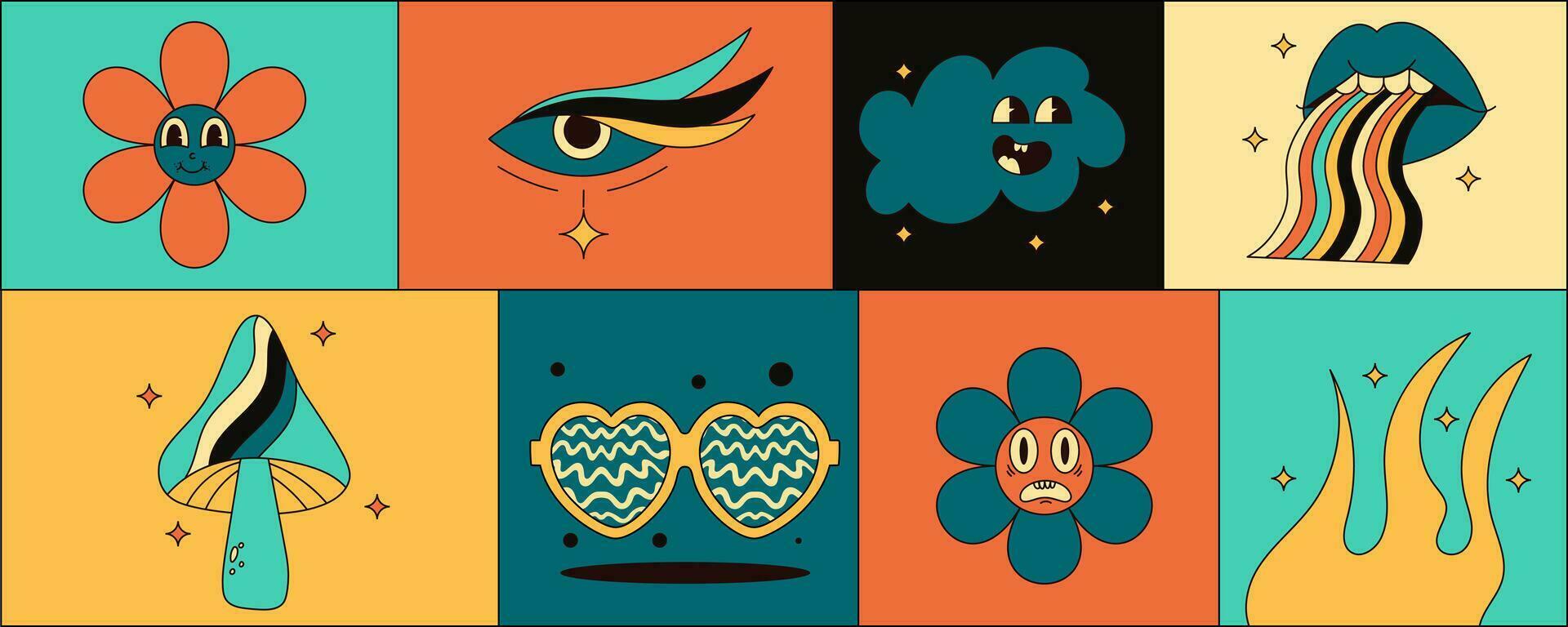 uppsättning av trippy hippie klistermärken med årgång svamp, blommor, brand, ögon, solglasögon och Mer. retro vektor konst