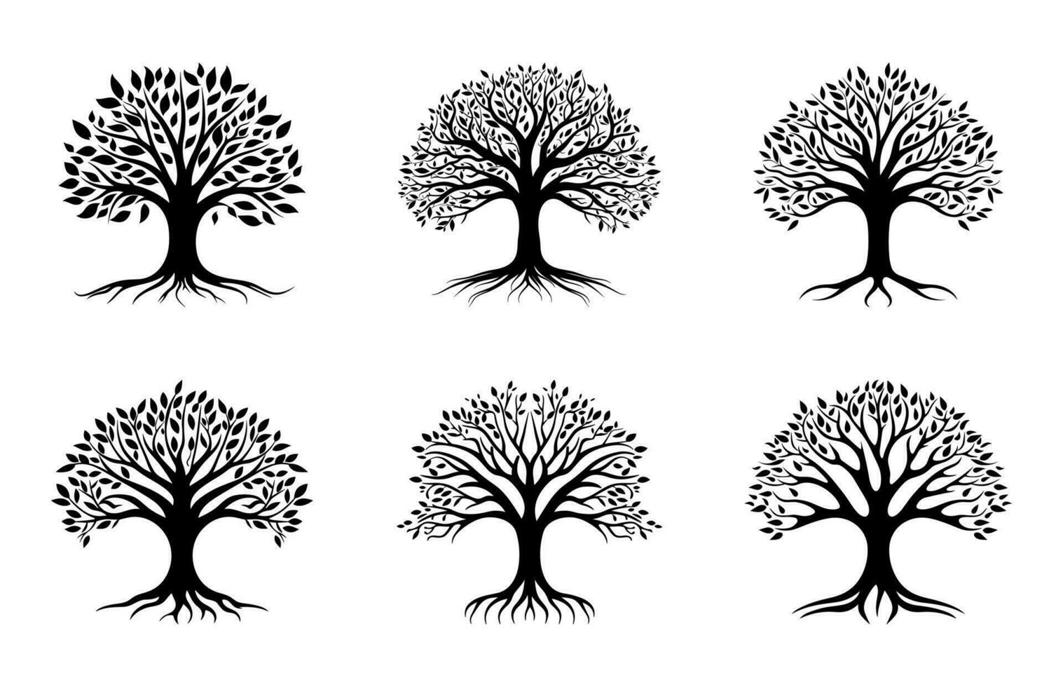 träd med rot silhuetter vektor uppsättning, träd rot logotyp stil silhuett bunt