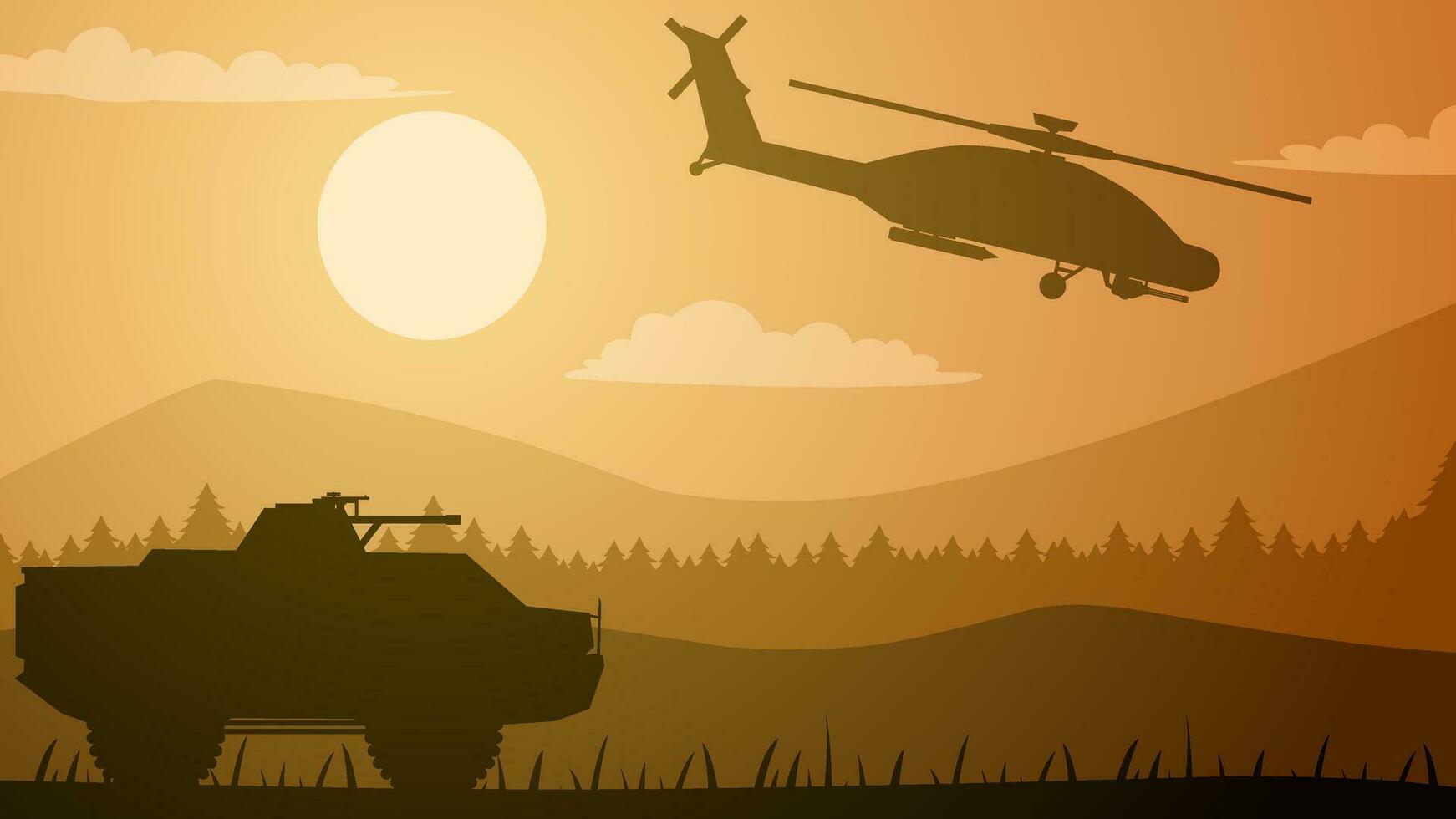 Militär- Landschaft Vektor Illustration. Silhouette von Militär- Fahrzeug und Attacke Hubschrauber im Ausbildung Feld. Militär- Landschaft zum Hintergrund, Hintergrund oder Illustration