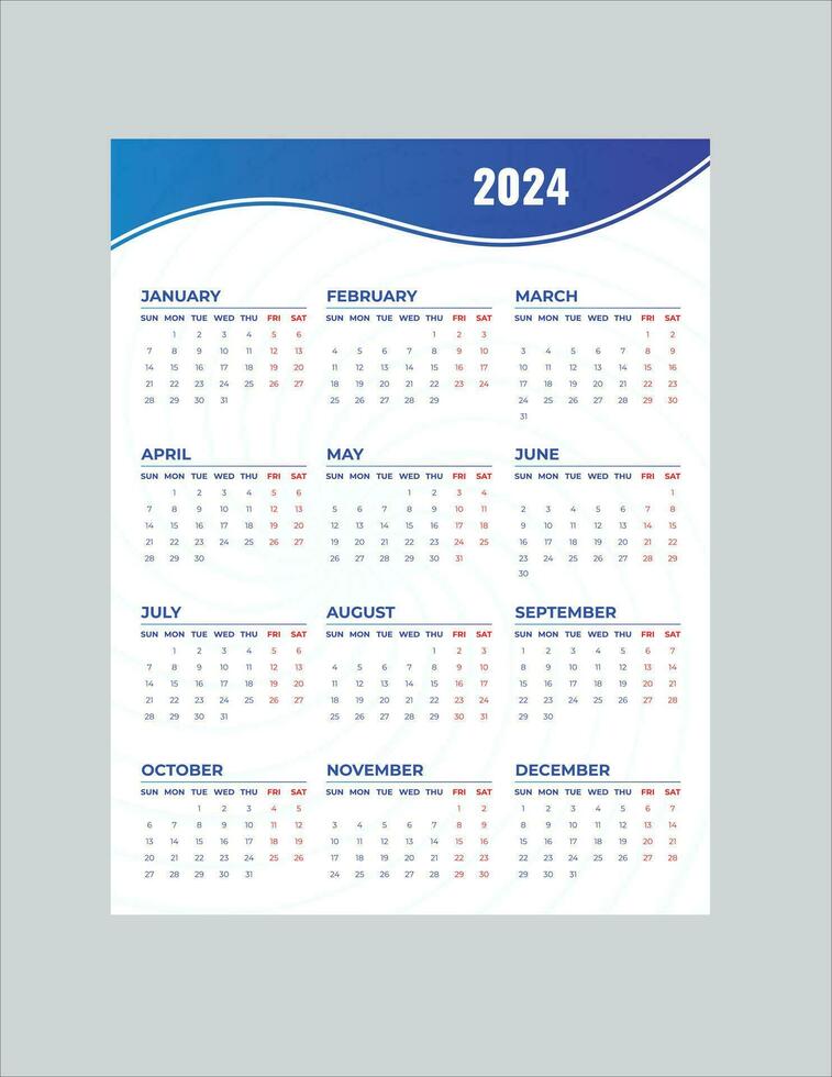 monatlich Kalender Vorlage zum 2024 Jahr. Mauer Kalender im ein minimalistisch Stil. Woche beginnt auf Sonntag. Planer zum 2024 Jahr.2024 einfach Kalander Design. vektor