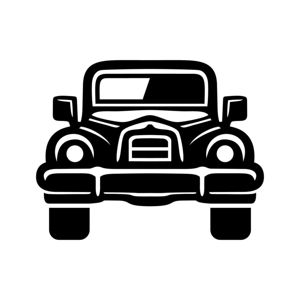 alt retro Auto schwarz Symbol Vorderseite Sicht. klassisch Fahrzeug. Muskel Auto Silhouetten Gesicht. Jahrgang Automobil. Transport Symbol. Vektor Illustration