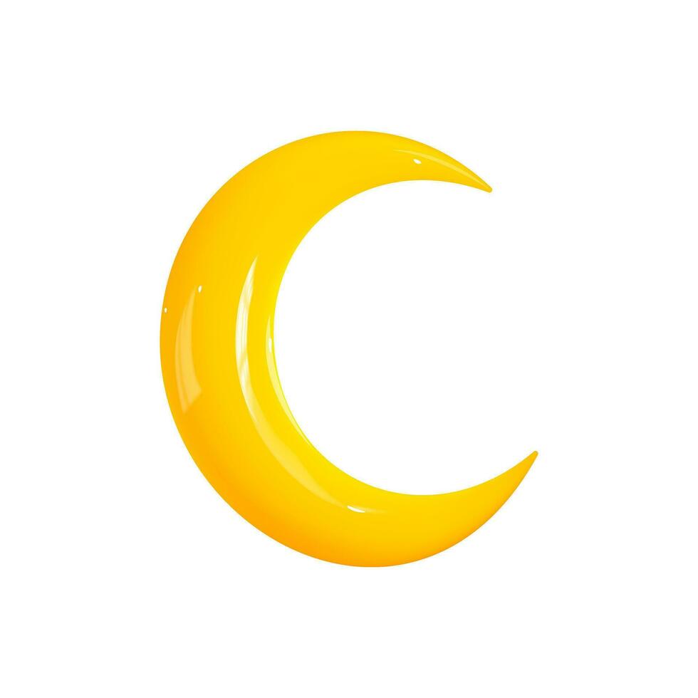 glansig gul 3d halvmåne måne realistisk stil tolkning. gul tecknad serie plast ikon halvmåne måne isolerat på vit bakgrund. vektor illustration