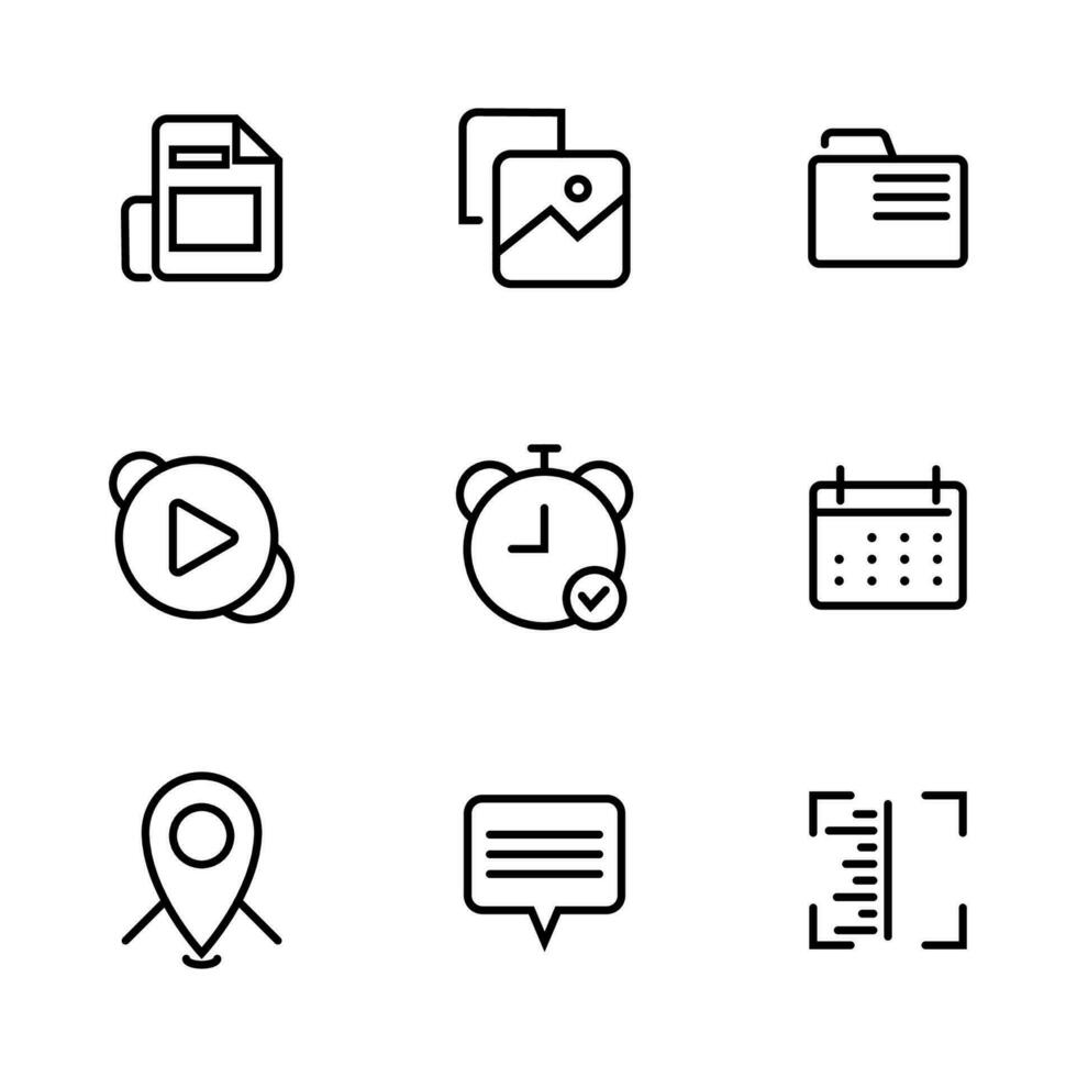 enkel minimalistisk ikon uppsättning. fil, dokumentera, meddelande, adress, kalender, tid, streckkod skanna, video spelare, och Galleri ikoner. vektor illustration