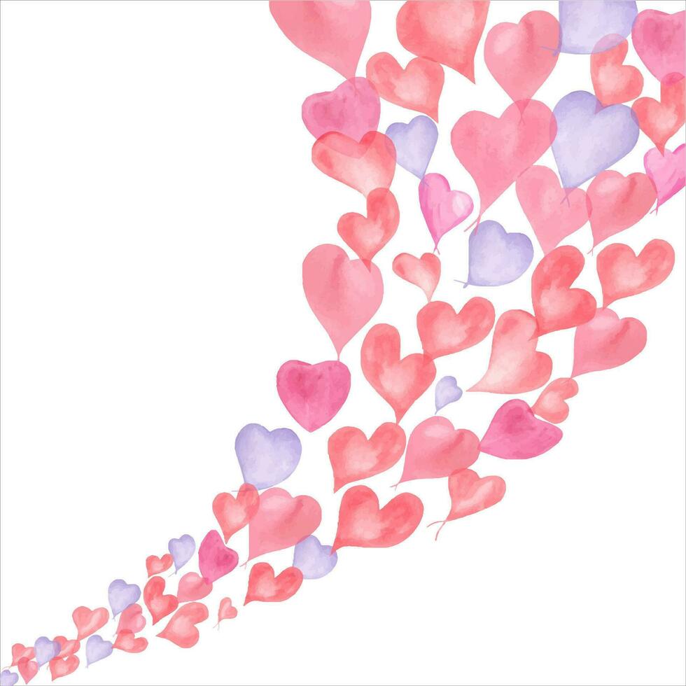 vattenfärg rosa, lila, blå hjärtan flygande upp. romantisk sammansättning för kärlek kort vektor